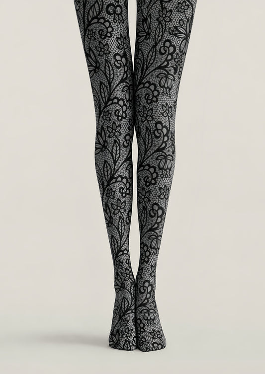 Gray Lace Pattern Tights Black Floral Hosiery L68-71