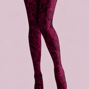 Burgundy Lace Tights Black Floral Pattern Hosiery L68-72