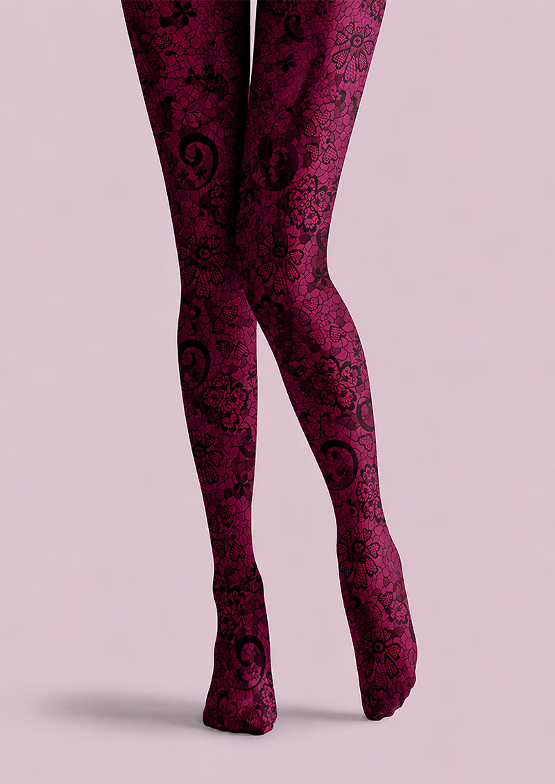 Burgundy Lace Tights Black Floral Pattern Hosiery L68-72