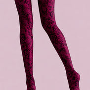 Burgundy Lace Tights Black Floral Pattern Hosiery L68-72