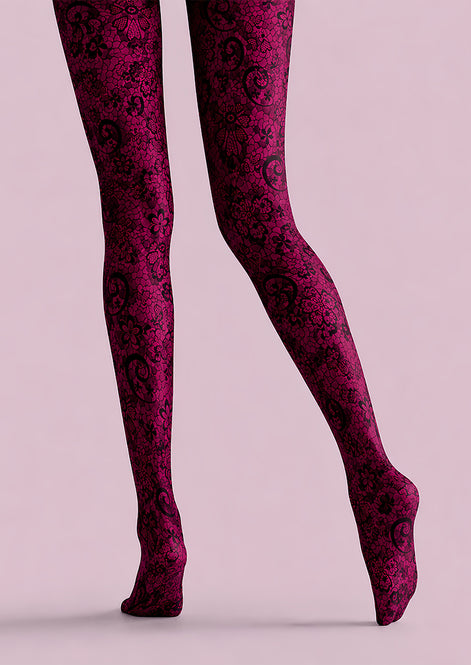 Burgundy Lace Tights Black Floral Pattern Hosiery L68-72