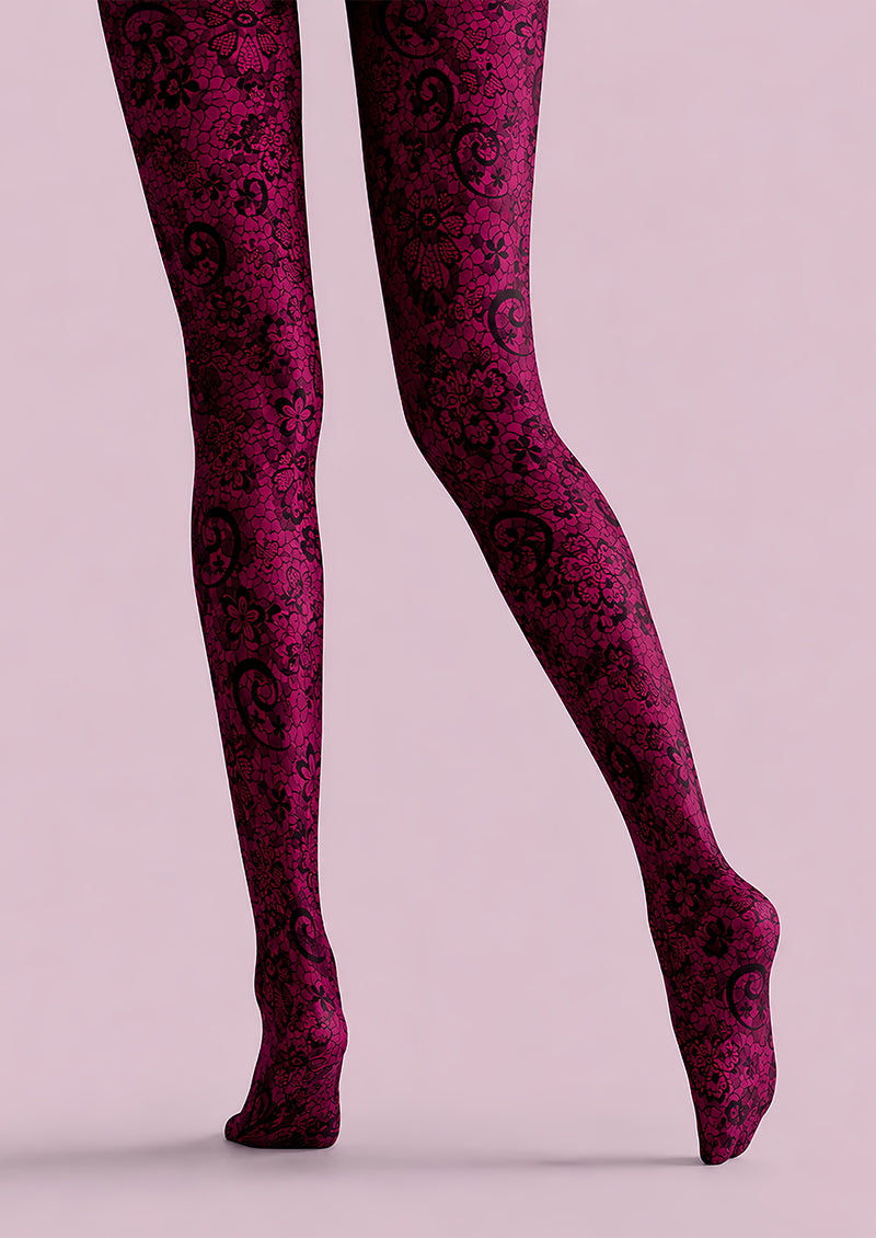 Burgundy Lace Tights Black Floral Pattern Hosiery L68-72