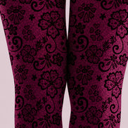 Burgundy Lace Tights Black Floral Pattern Hosiery L68-72