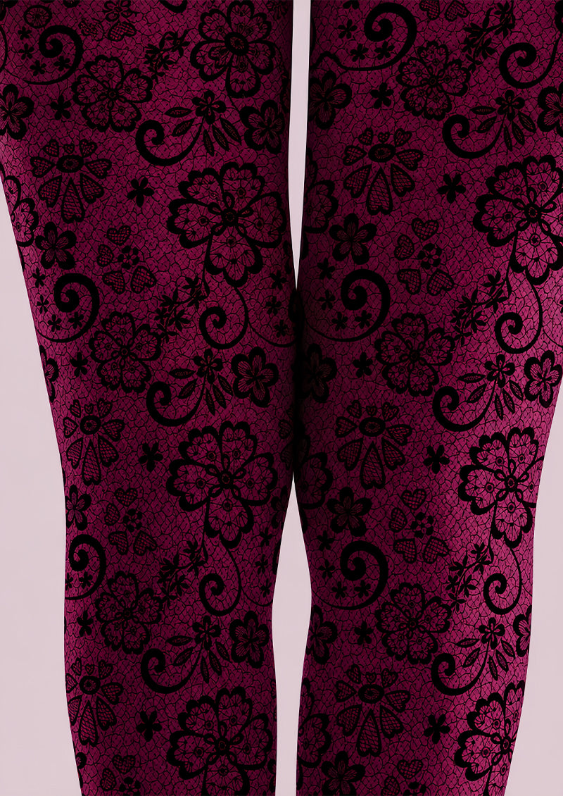 Burgundy Lace Tights Black Floral Pattern Hosiery L68-72