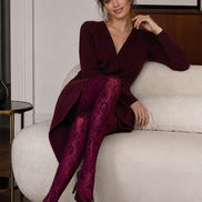 Burgundy Lace Tights Black Floral Pattern Hosiery L68-72
