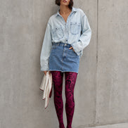 Burgundy Lace Tights Black Floral Pattern Hosiery L68-72