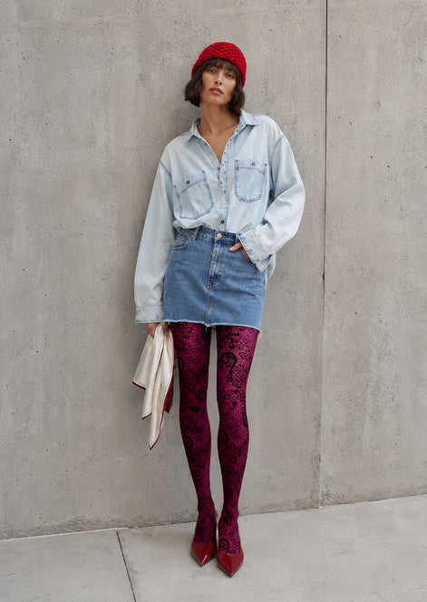 Burgundy Lace Tights Black Floral Pattern Hosiery L68-72