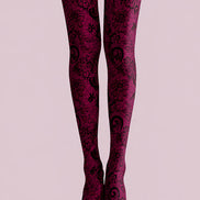 Burgundy Lace Tights Black Floral Pattern Hosiery L68-72