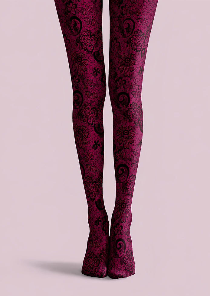 Burgundy Lace Tights Black Floral Pattern Hosiery L68-72
