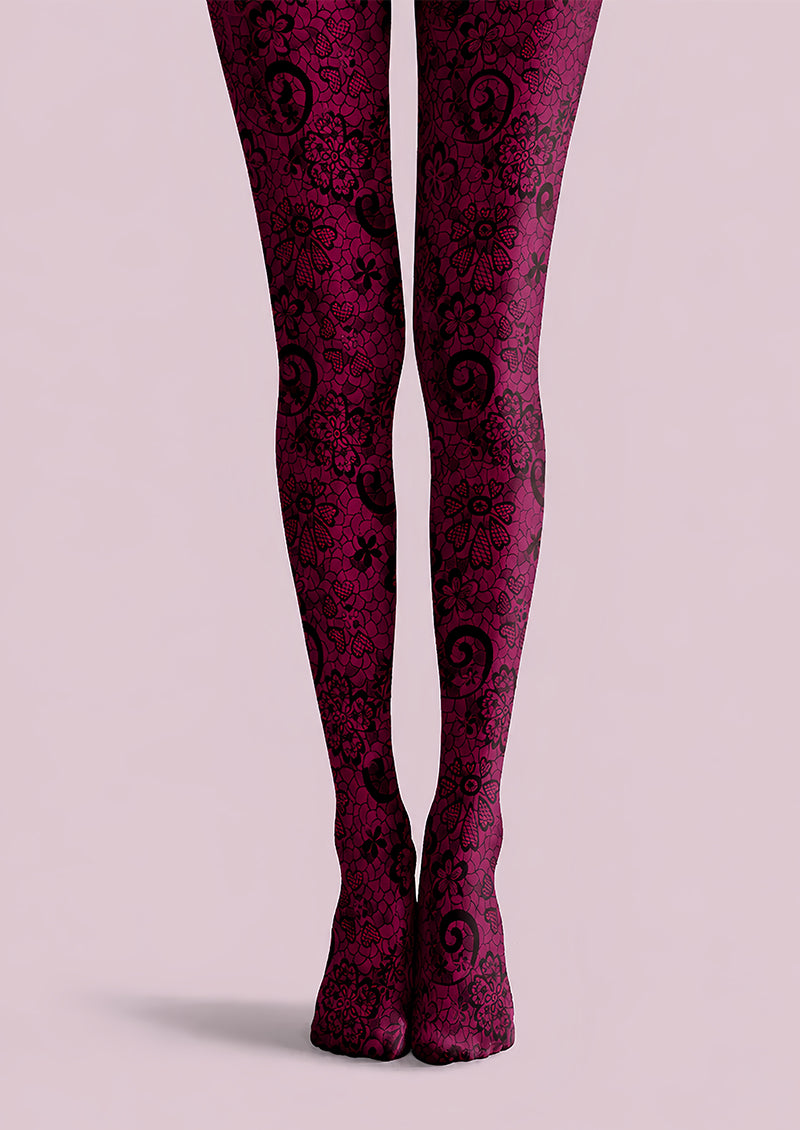 Burgundy Lace Tights Black Floral Pattern Hosiery L68-72