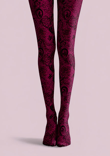 Burgundy Lace Tights Black Floral Pattern Hosiery L68-72