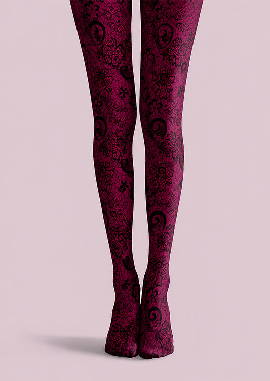Burgundy Lace Tights Black Floral Pattern Hosiery L68-72