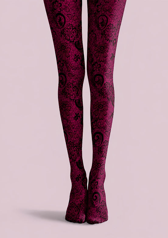 Burgundy Lace Tights Black Floral Pattern Hosiery L68-72
