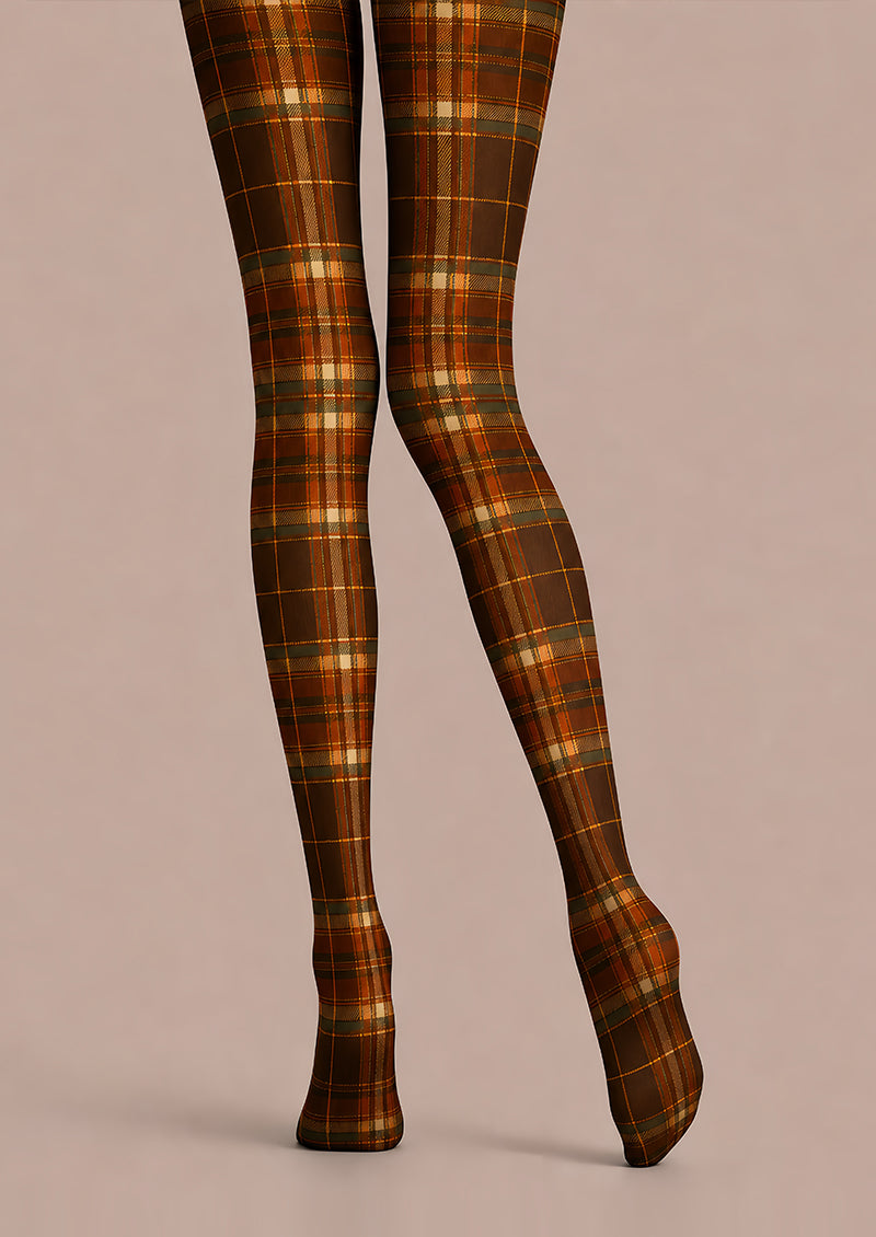 Autumn Brown Plaid Tights Vintage Hosiery L68-75