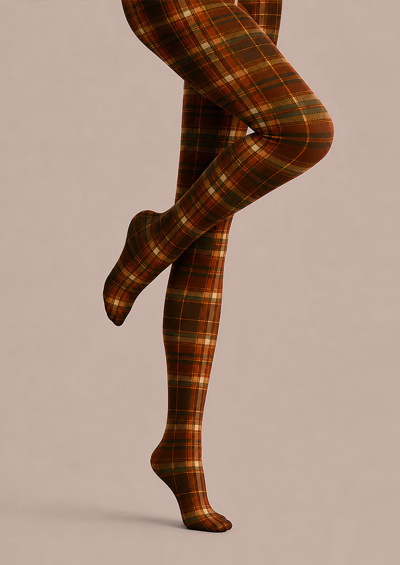 Autumn Brown Plaid Tights Vintage Hosiery L68-75