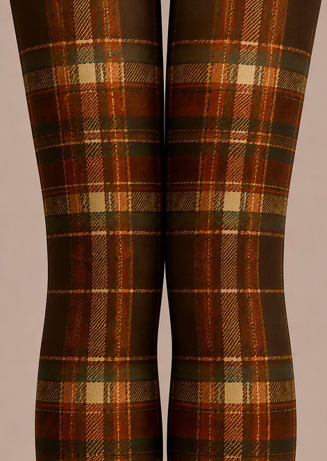 Autumn Brown Plaid Tights Vintage Hosiery L68-75