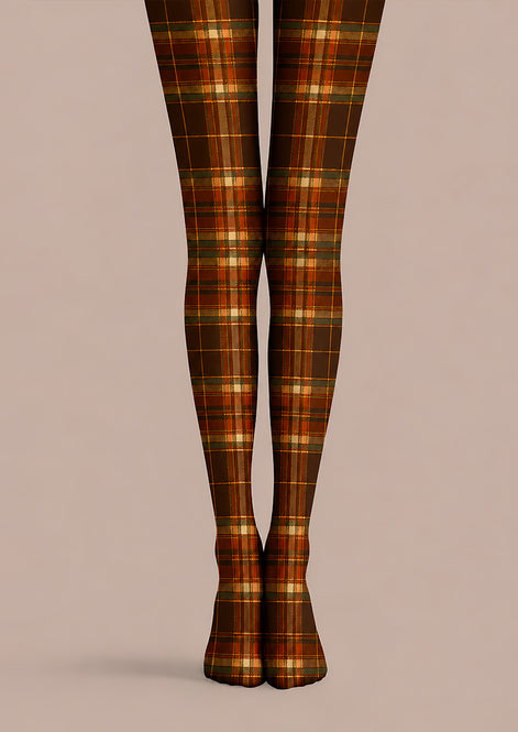 Autumn Brown Plaid Tights Vintage Hosiery L68-75