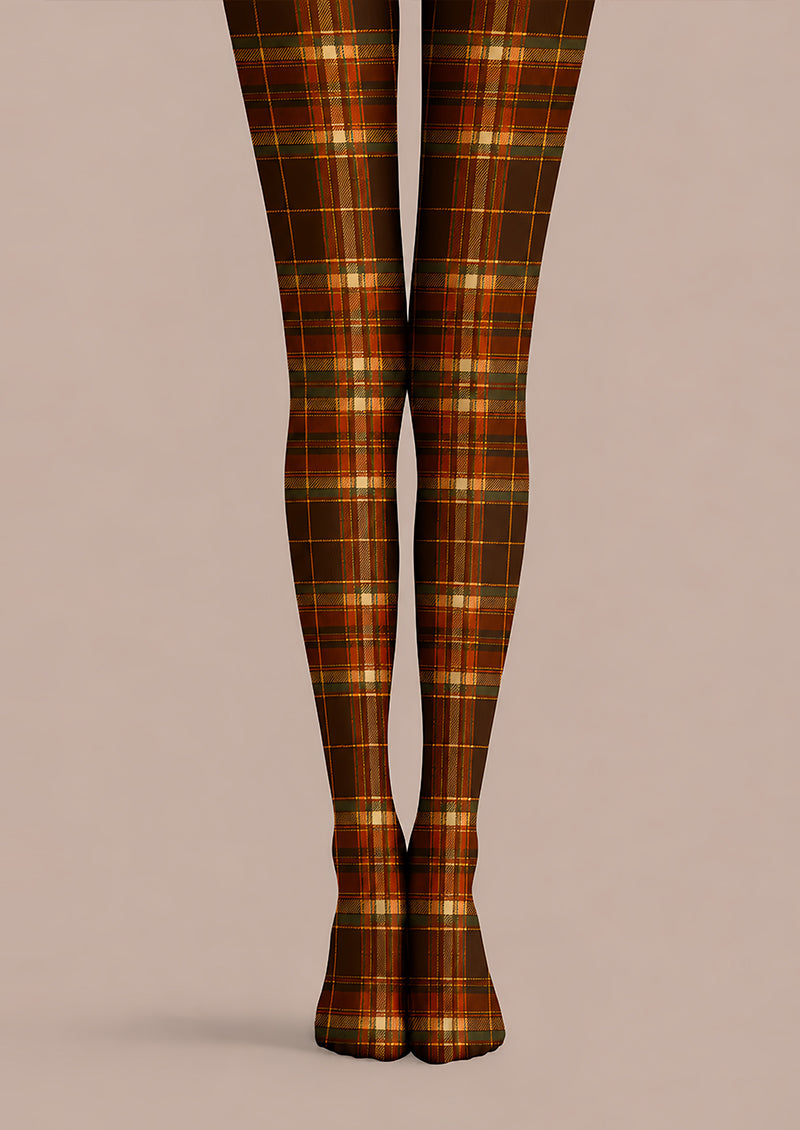 Autumn Brown Plaid Tights Vintage Hosiery L68-75