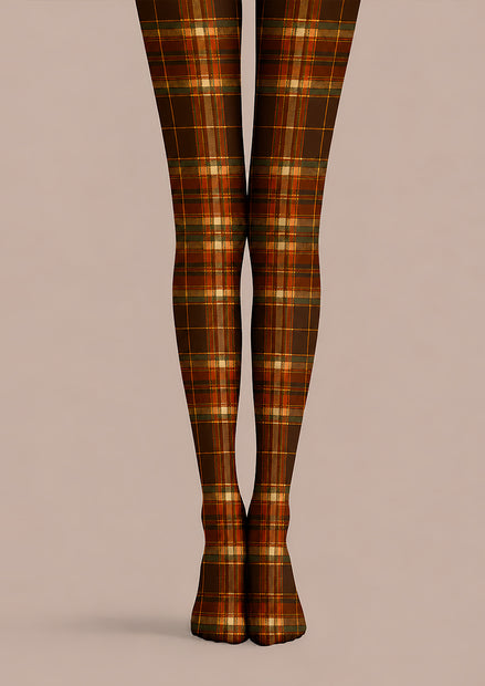Autumn Brown Plaid Tights Vintage Hosiery L68-75