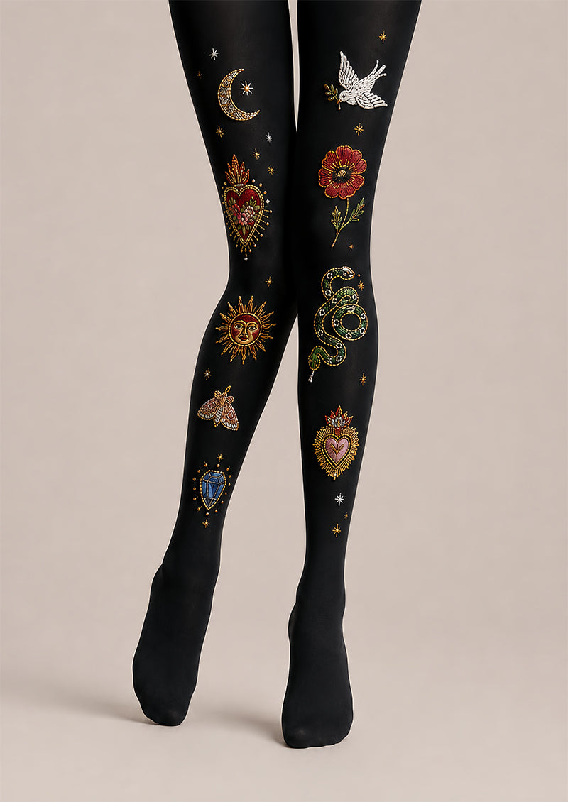 Black Sacred Heart Snake Graphic Pantyhose Tattoo Tights L68-8