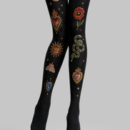 Black Sacred Heart Snake Graphic Pantyhose Tattoo Tights L68-8
