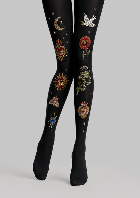 Black Sacred Heart Snake Graphic Pantyhose Tattoo Tights L68-8
