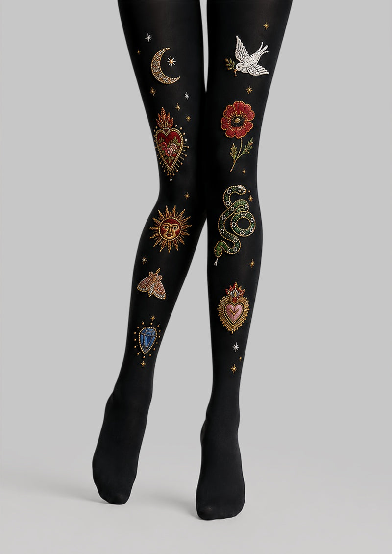 Black Sacred Heart Snake Graphic Pantyhose Tattoo Tights L68-8