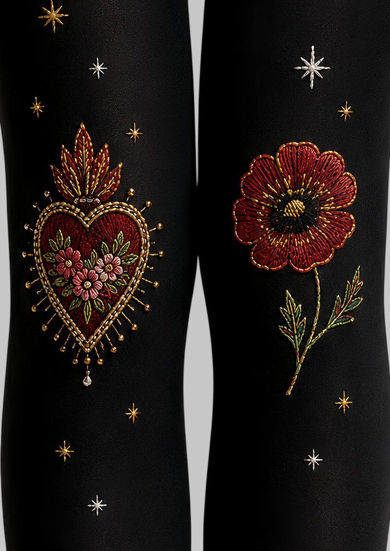 Black Sacred Heart Snake Graphic Pantyhose Tattoo Tights L68-8