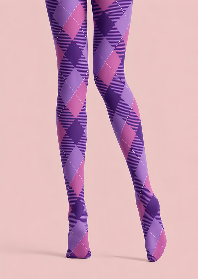 Y2K Purple Patterned Tights Diamond Print Hosiery L68-81