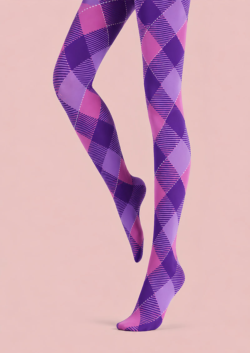 Y2K Purple Patterned Tights Diamond Print Hosiery L68-81