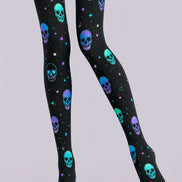Neon Skull Halloween Tights Black Graphic Pantyhose L68-82