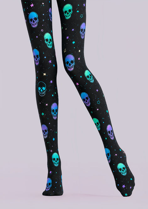 Neon Skull Halloween Tights Black Graphic Pantyhose L68-82