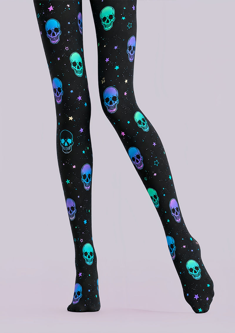 Neon Skull Halloween Tights Black Graphic Pantyhose L68-82
