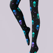 Neon Skull Halloween Tights Black Graphic Pantyhose L68-82