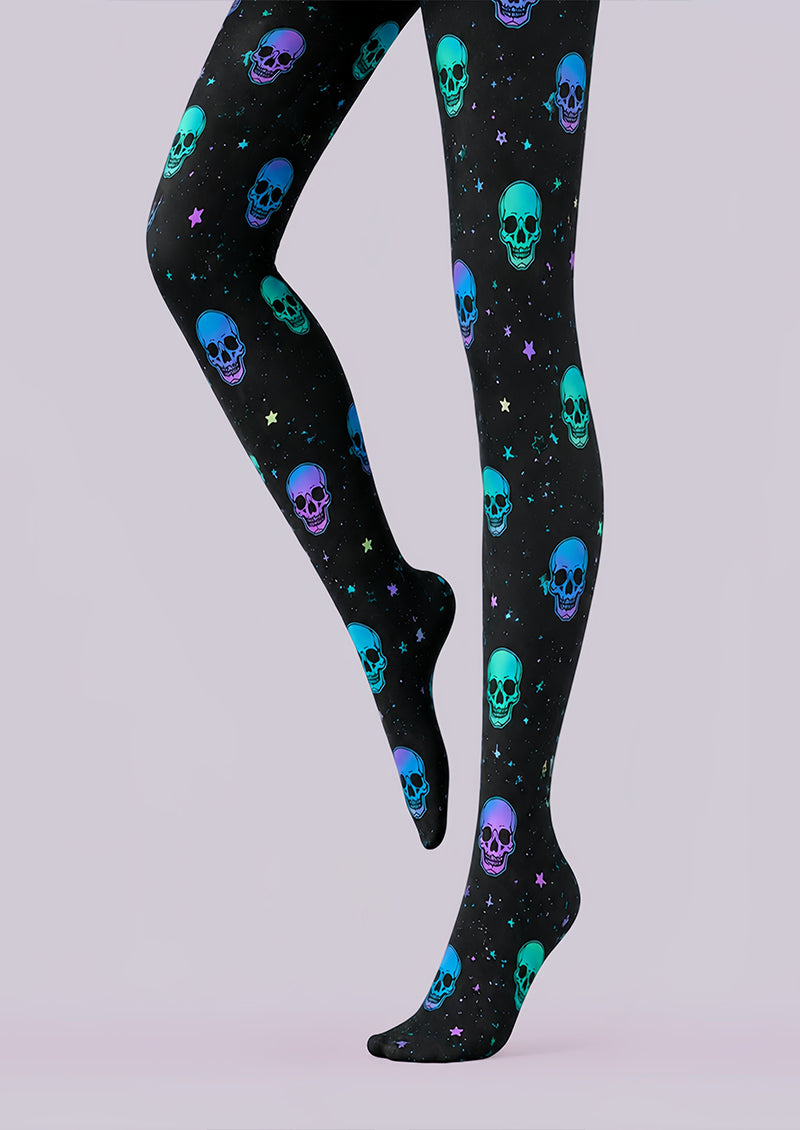 Neon Skull Halloween Tights Black Graphic Pantyhose L68-82