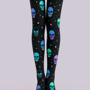 Neon Skull Halloween Tights Black Graphic Pantyhose L68-82