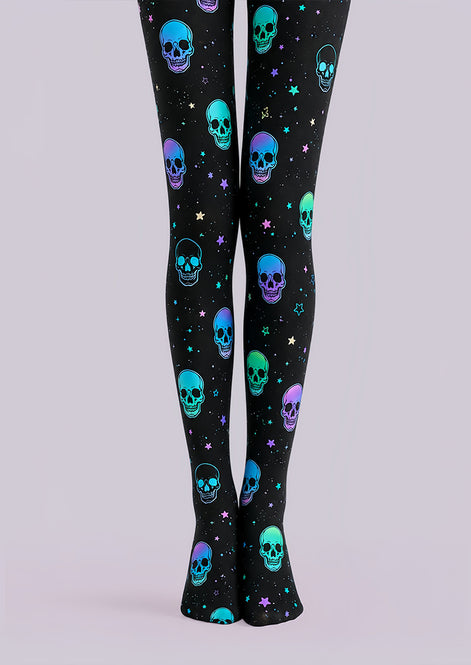 Neon Skull Halloween Tights Black Graphic Pantyhose L68-82
