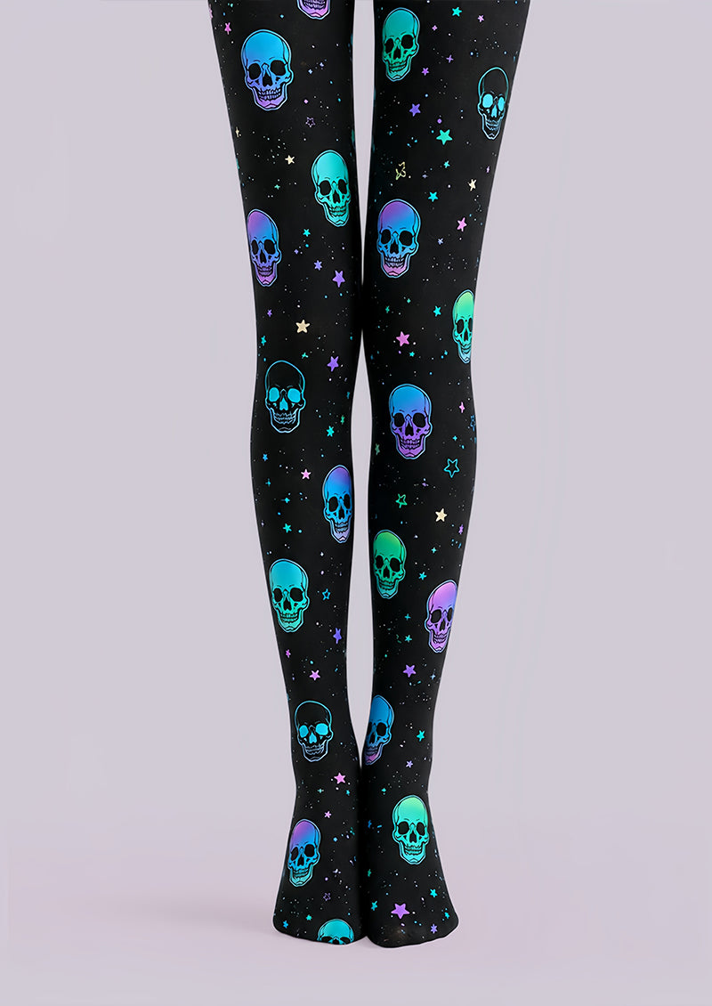 Neon Skull Halloween Tights Black Graphic Pantyhose L68-82