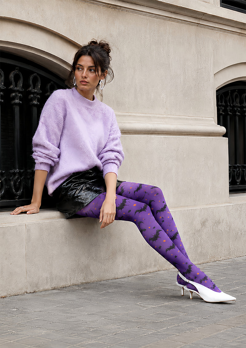 Purple Halloween Tights Bat Pattern Costume Hosiery L68-83