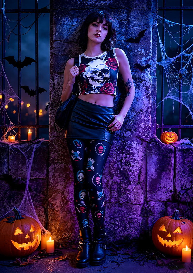 Gothic Skull Print Halloween Tights Black Hosiery L68-84