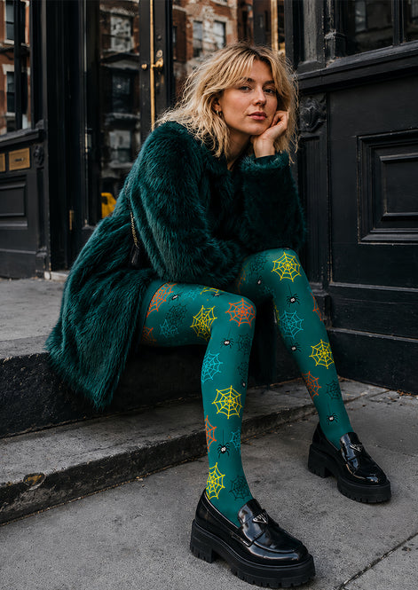 Spooky Green Halloween Tights Spider Pattern Pantyhose L68-85