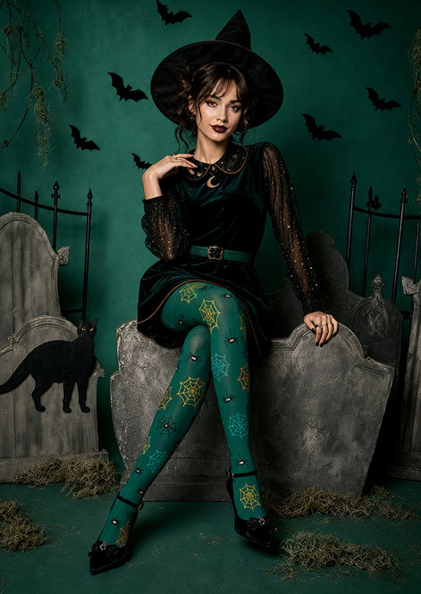 Spooky Green Halloween Tights Spider Pattern Pantyhose L68-85