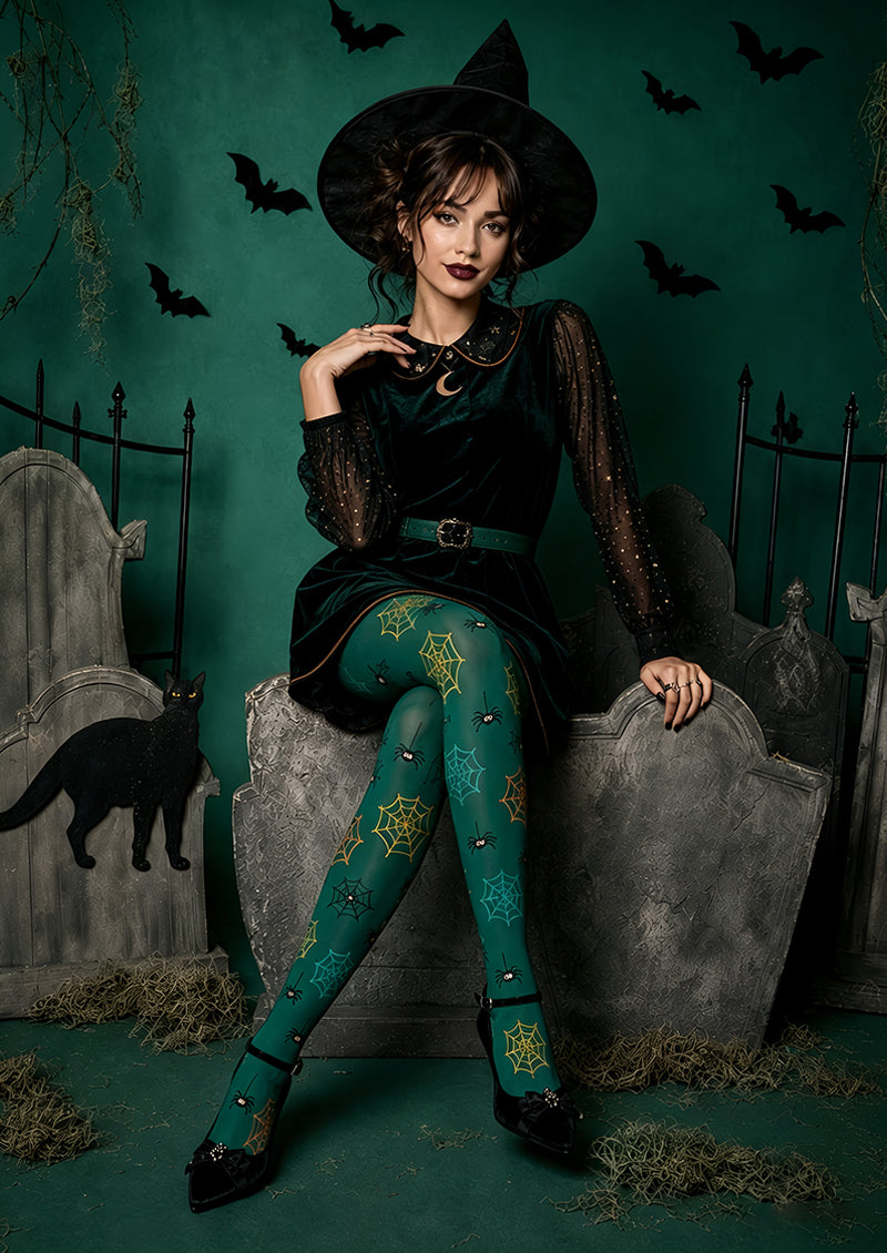 Spooky Green Halloween Tights Spider Pattern Pantyhose L68-85