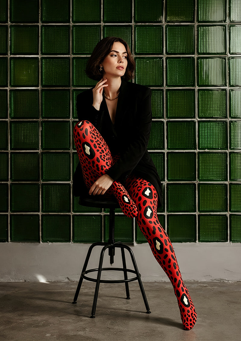 Leopard Spot Tights Red Animal Print Pantyhose L68-88