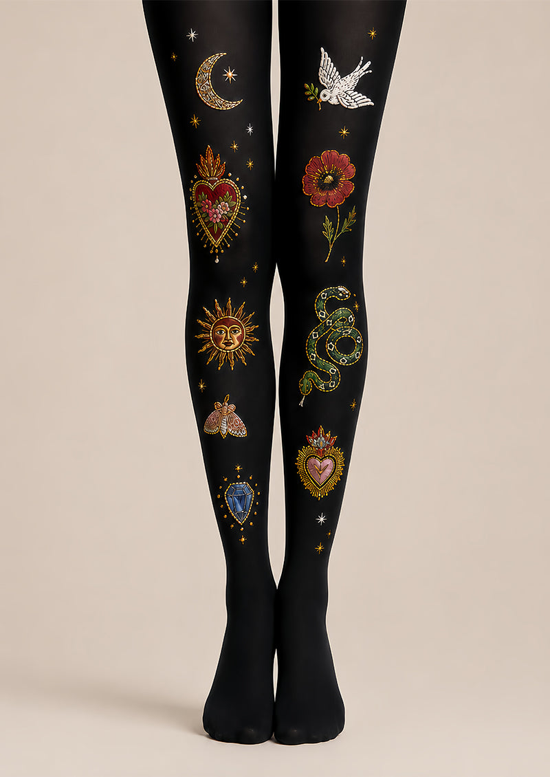 Black Sacred Heart Snake Graphic Pantyhose Tattoo Tights L68-8