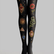 Black Sacred Heart Snake Graphic Pantyhose Tattoo Tights L68-8