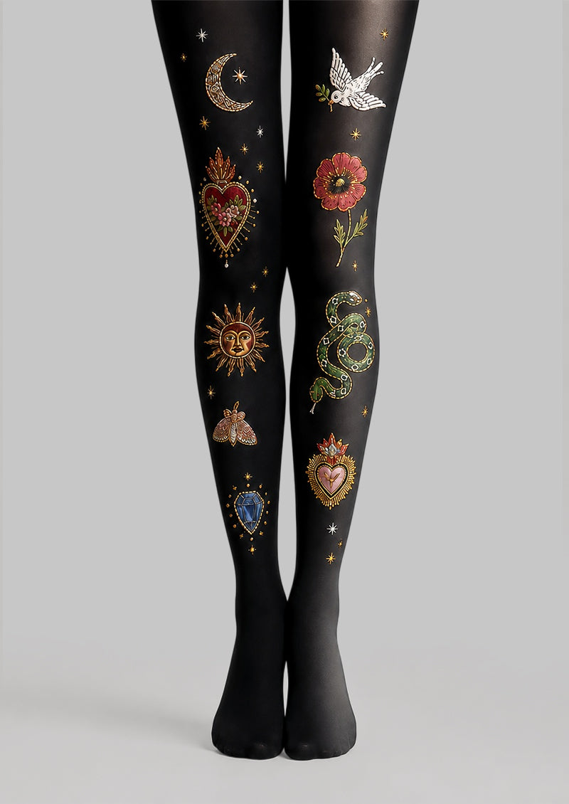Black Sacred Heart Snake Graphic Pantyhose Tattoo Tights L68-8