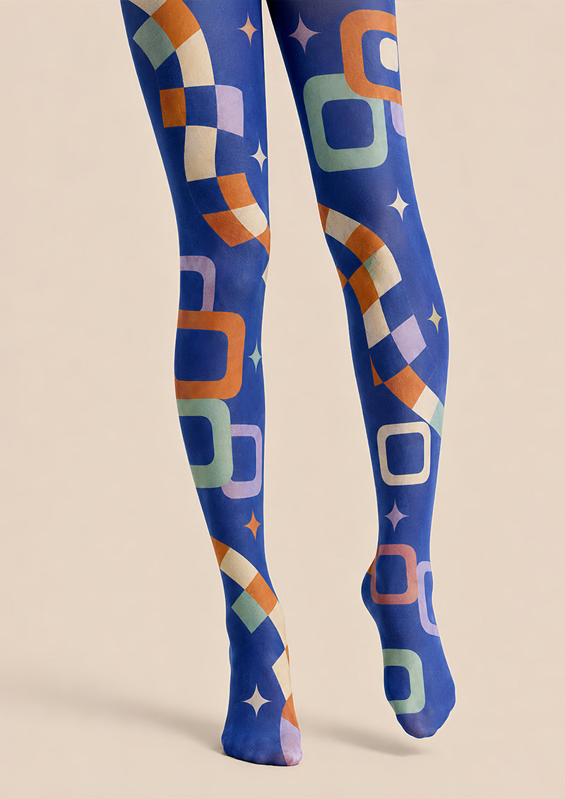 Blue Retro Geometric Graphic Tights Pantyhose L68-9