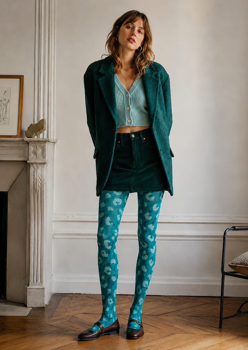 Graphic Leopard Print Tights Aqua Blue L68-93
