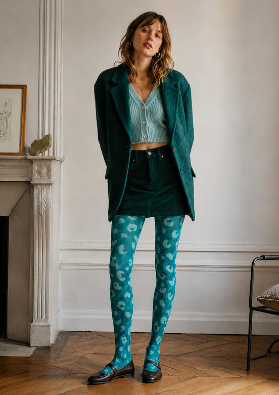 Graphic Leopard Print Tights Aqua Blue L68-93